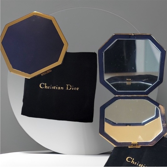 Vintage Christian Dior Makeup Mirror Compact Blue and Gold - Picture 1 of 7